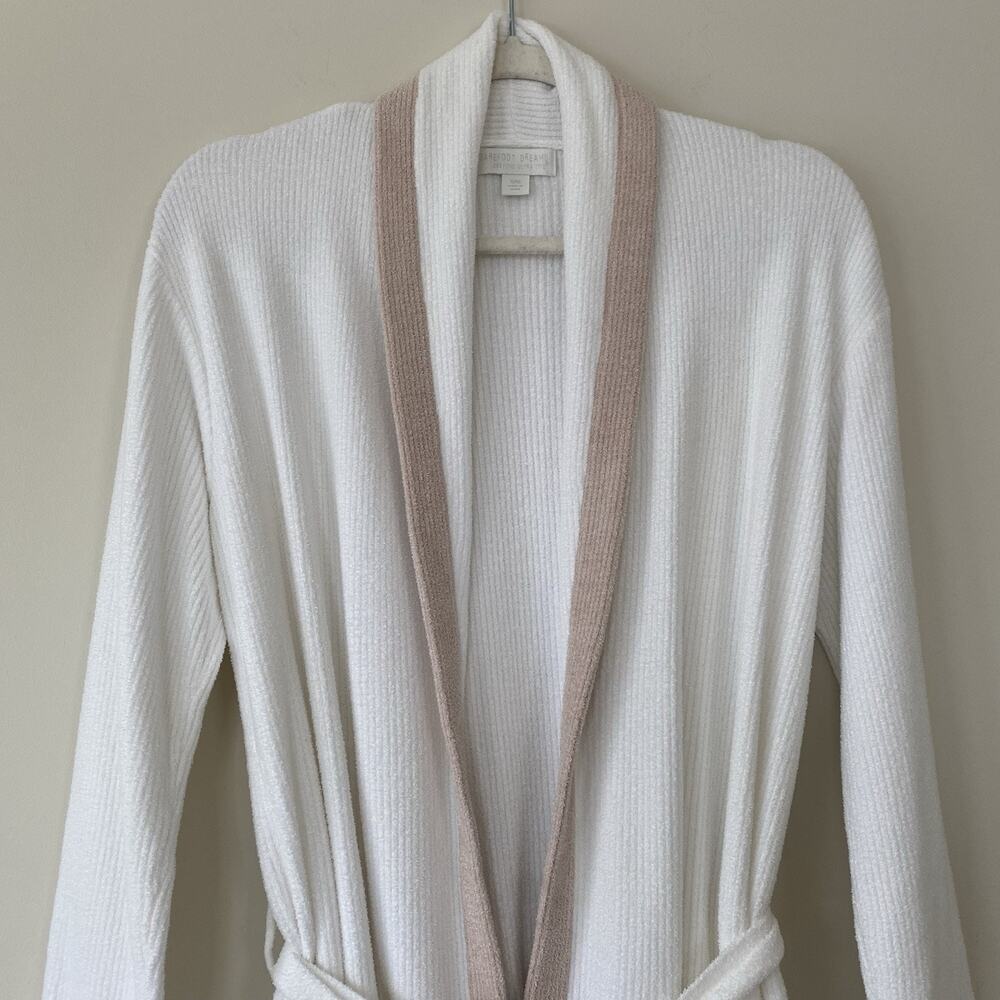 Barefoot Dreams Cozychic Ultra Tipped Ribbed Short Robe Size S/M Seasalt/Shell - Picture 3 of 14